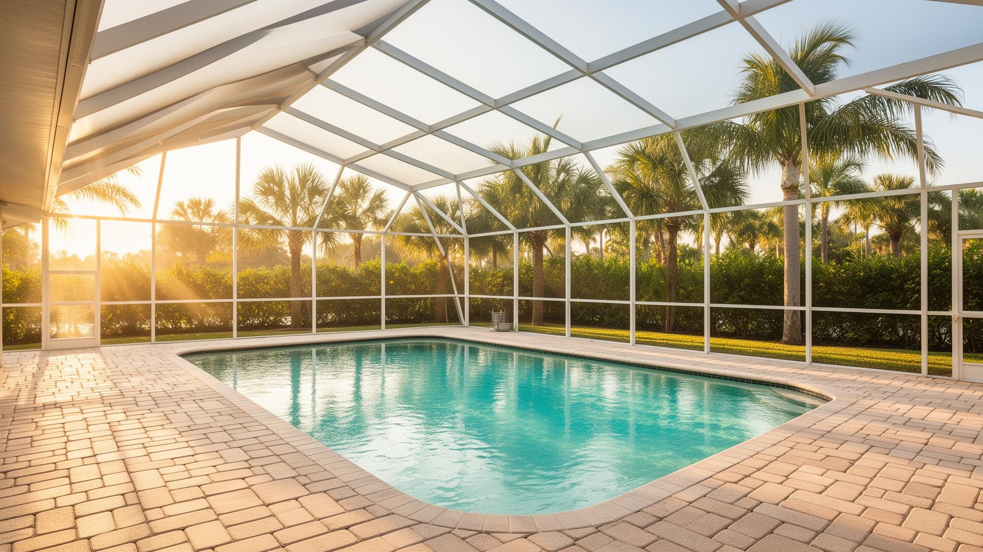 Pristine Florida lanai pool cage at golden hour